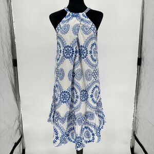 Trina Turk Kori White Halter Blue Eyelet Embroidery Short Dress Boho Chic Medium